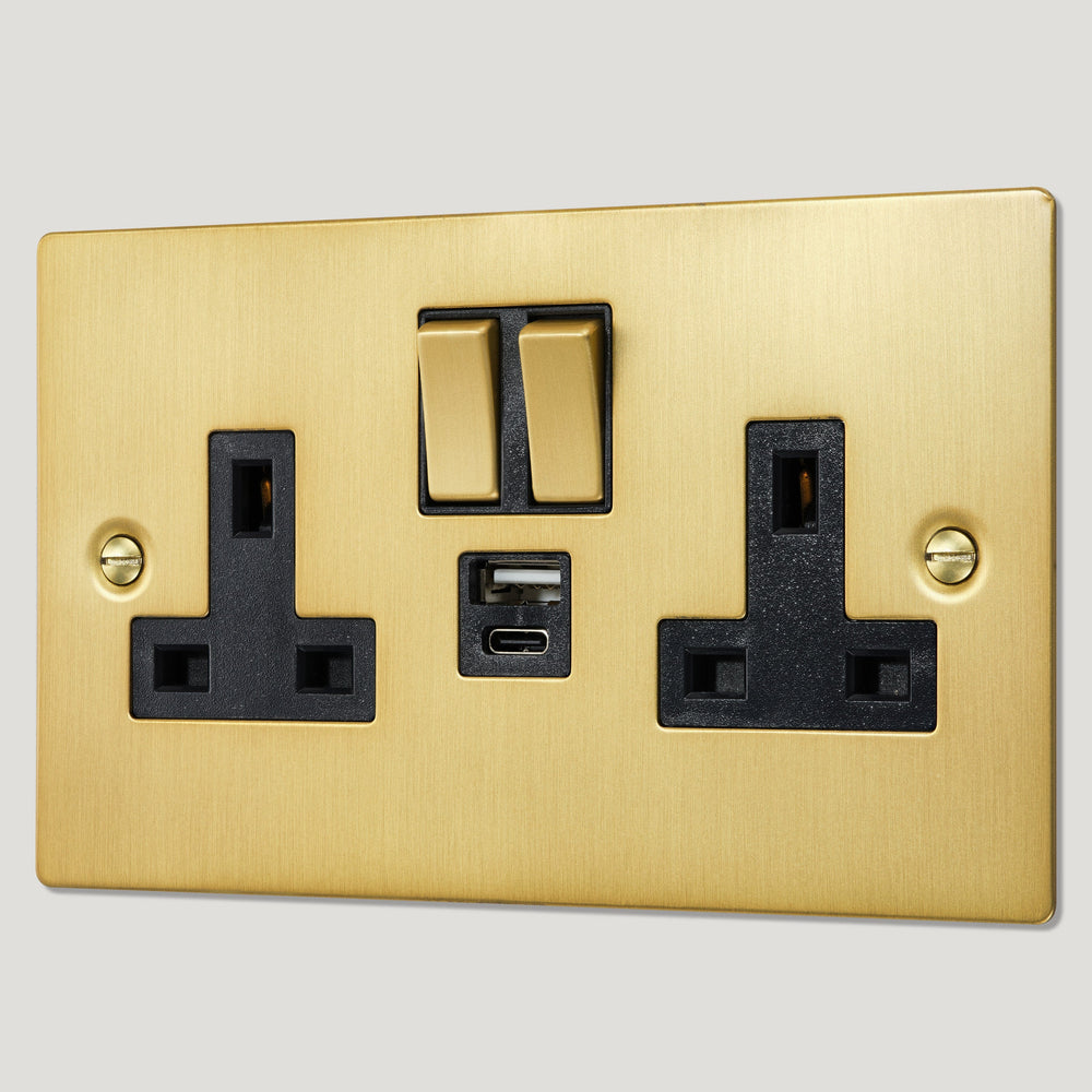 SYLVIE Double Plug Socket with USB A/C Super Fast Charge - Brass (Black Insert)