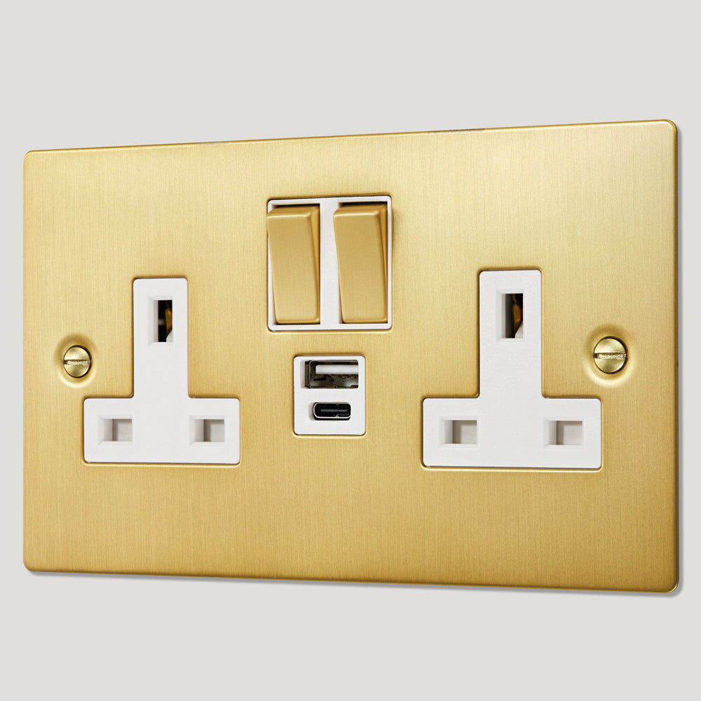 SYLVIE Double Plug Socket with USB A/C Super Fast Charge - Brass (White Insert)